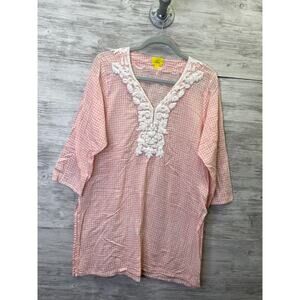 Roller Rabbit Tunic Womens L Pink White Floral 3/4 Sleeve Cotton Pullover Resort